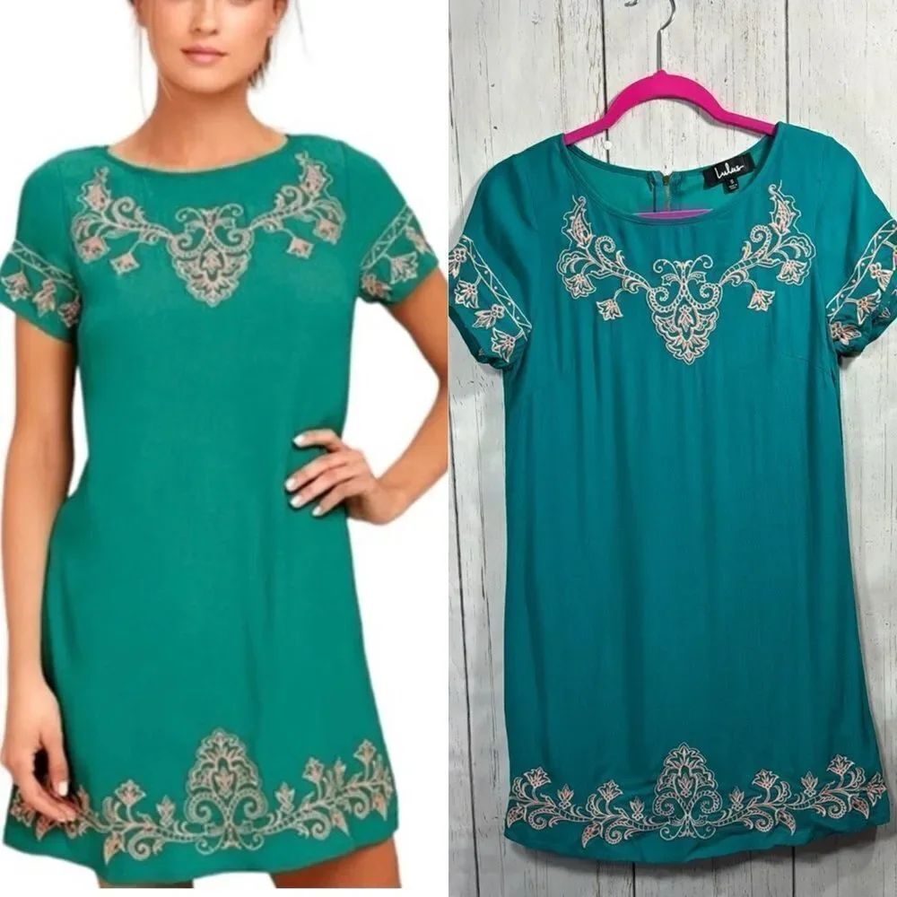 Lulus Teal Boho Shift Dress Floral Festival Tunic Cottagecore Embroidered Mini